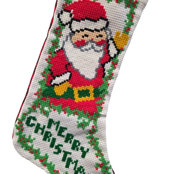 Merry Christmas Cross Stiched Santa Hanging Holiday Stocking - Picture 2 of 5